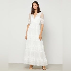 BCBG WHITE SHORT SLEEVE FLORAL EVENING GOWN